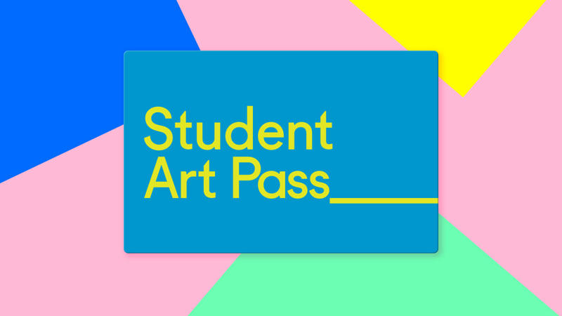 a blue student art pass membership card on a colourful background
